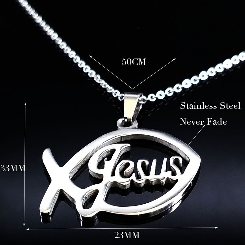 Stainless Steel Jesus Necklaces Fish Christian Christianity Ichthys Fish Pendant Necklaces Jewelry Women or Men collares N17168B: SR fish 50cmO