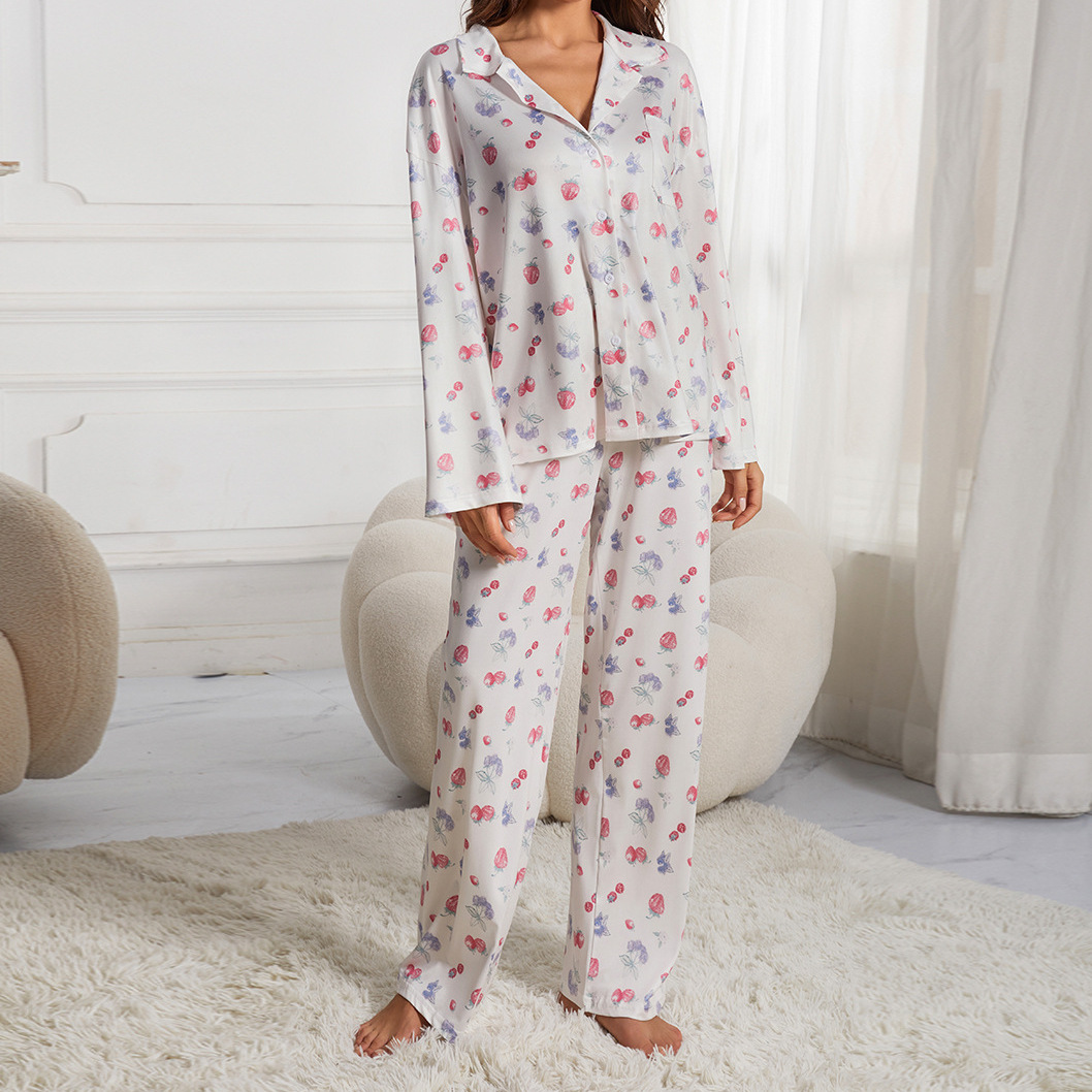 Dame afslappet gul pyjamassæt langærmet knaplukning skjortelomme blomsterprint frugtprint løse vide ben bukser pyjamas s-xxl: L / Hvid