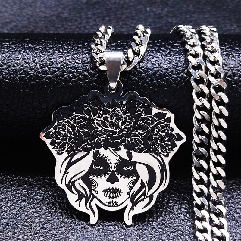Gothic-halskette aus edelstahl mit mexikanischem totenkopfmotiv für damen, silberfarbene kette, schmuck colgante  n3636 s 06