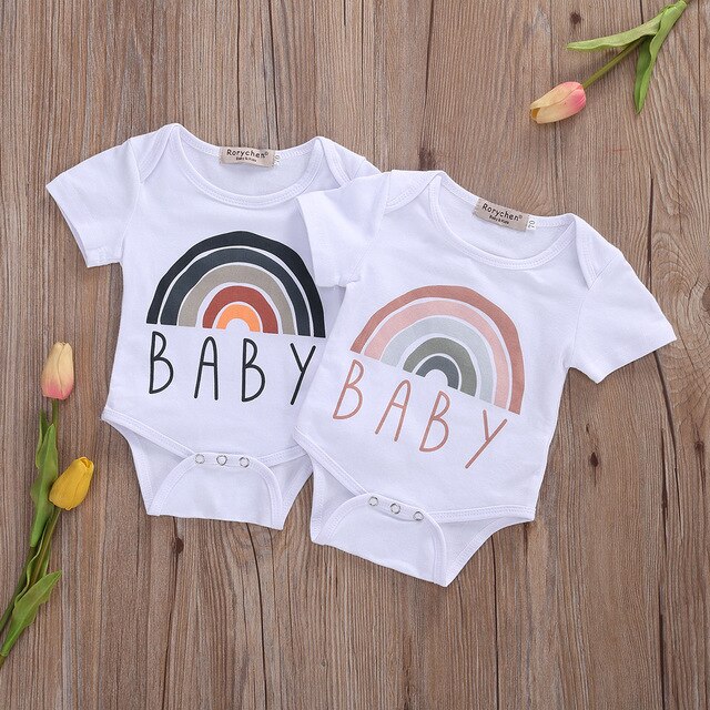 Rainbow Bodysuit Toddler Baby Boys Girls White Cotton Bodysuit Short Sleeve Letter Print Bodysuit Outfits