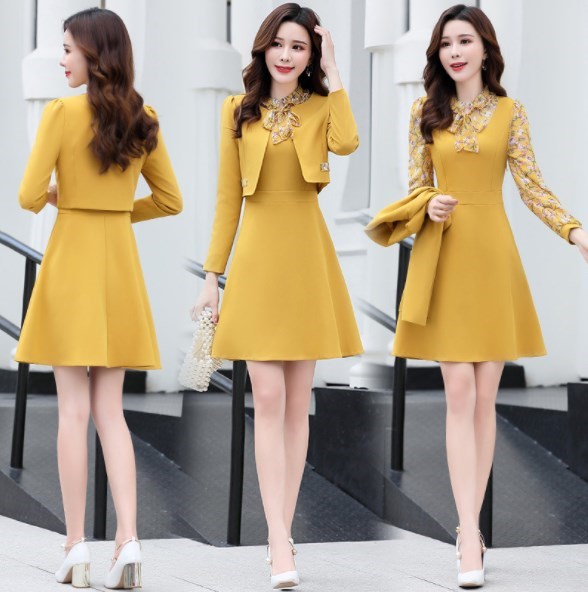 Robe longue pour femmes, ensemble 2 pièces, veste et robe courte, tenue de bureau: Jaune / XL