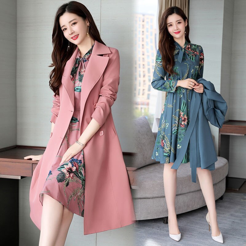Frühling Herbst Damen Kleid Anzüge für Büro Tragen Lange Graben Mantel und Knie Länge Kleid 2 Stück einstellen Frauen Formale kleider Anzug