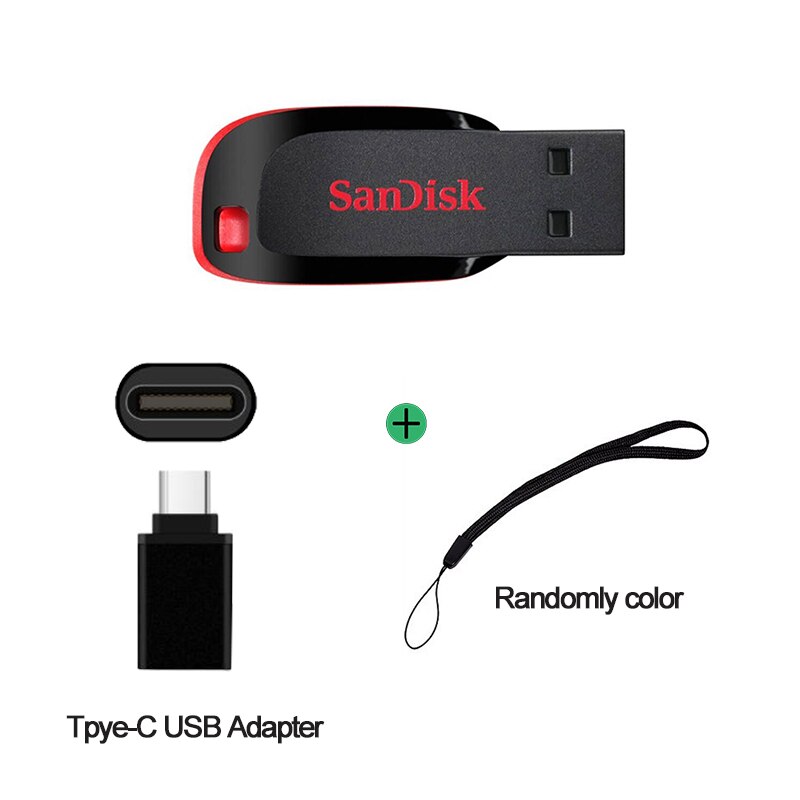 SanDisk 100% oryginalny Cruzer Blade CZ50 pamięć USB 128GB 64GB 32GB 16GB Pen Drive USB 2.0 dysku Pendrive Pendrive: 64GB / CZ50-TpyeC-rope
