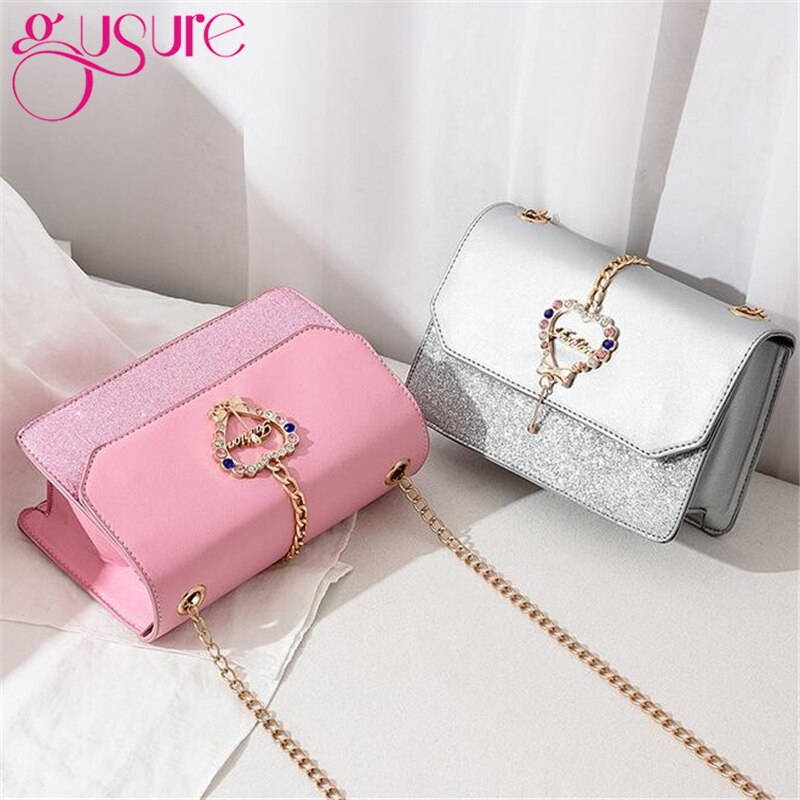 Gusure Shoulder Bag - Heart Sequin Flap - Chain Strap - Small PU Purse for Women
