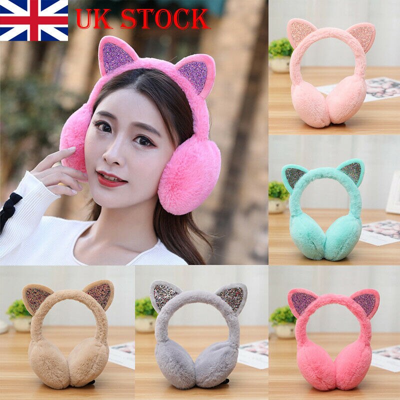 Winter Chic Sequin Folding Cat Ears Earmuffs for Women and Girls Plush Fur Ear Warmer Bun with Glitter Headband Cartoon Pattern