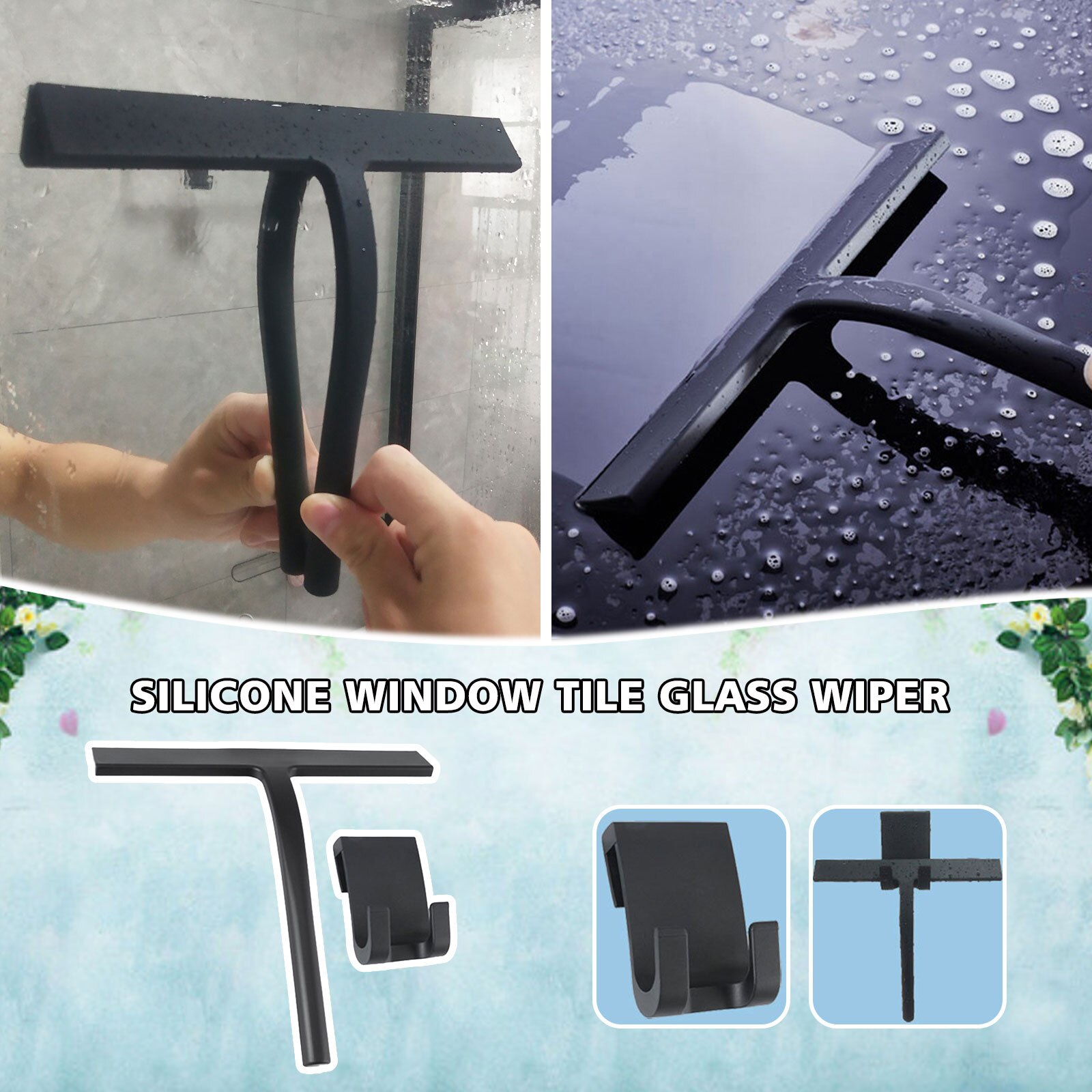 Silicone Window Tile Glass Wiper Cleaner Squeegee Shower Mirror Cleaning Holder Black Gray