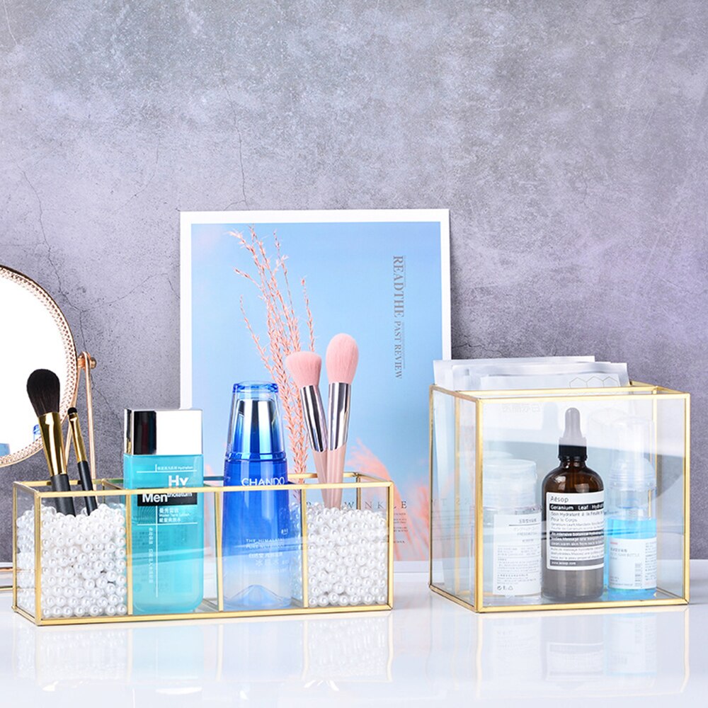 Caja de almacenaje para maquillaje Vintage, joyero de mesa de cristal dorado, clasificación decorativa, organizador cosmético, soporte para brochas de maquillaje