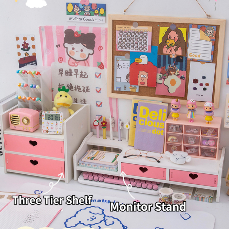 Kawaii Desktop Monitor Stand Wooden Computer Laptop Elevated Stand with Drawers Desk Storage Organizer Pink Cute Monitor Stand