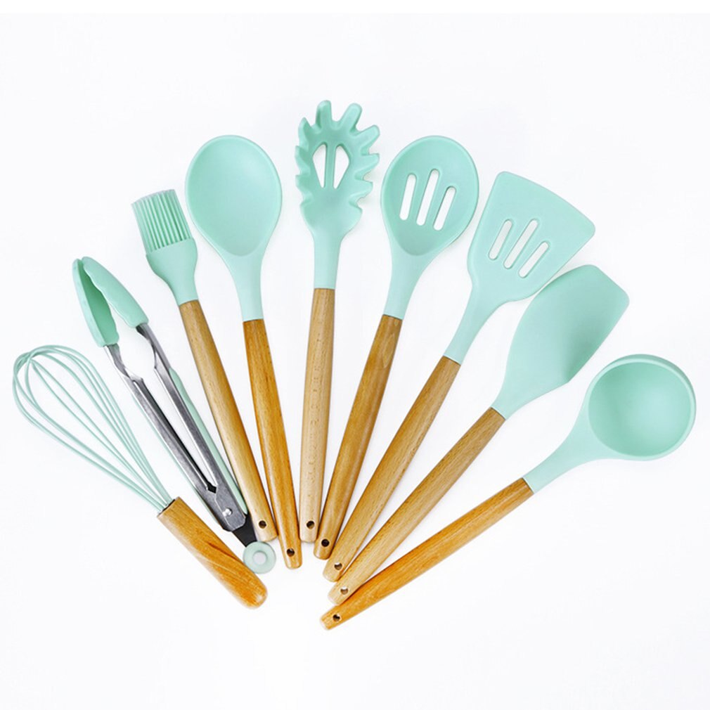 Non-Stick Silicone Kitchen Portable Mini Kitchen Set With Wood Handle Shovel Scraper Colander Food Clip Egg Beater