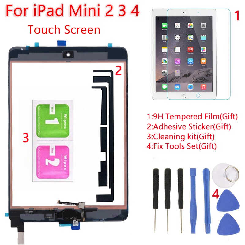 Digitalizador original para ipad mini, 1 2 3 4, touch screen, tablet, painel de vidro frontal com botão + 1 peça película temperada + ferramentas de substituição