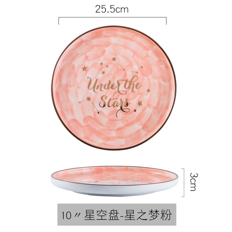 Assiettes de service ciel étoilé série étoiles, plateau de vaisselle en céramique pour Steak Spaghetti plateau rond peu profond, vaisselle de fête: 10 inch pink