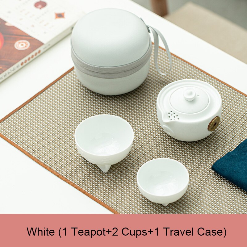 LUWU – théière en céramique avec 2 tasses chat mignon, service à thé de bureau portable de voyage avec étui de voyage: WHITE
