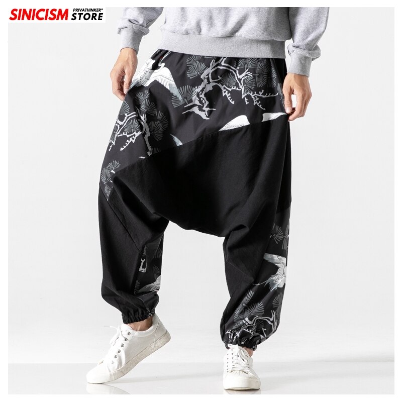 MrGoldenBowl Store-pantalones bombachos holgados para hombre, ropa tradicional informal, de algodón con estampado de grulla, a la , otoño, 2022