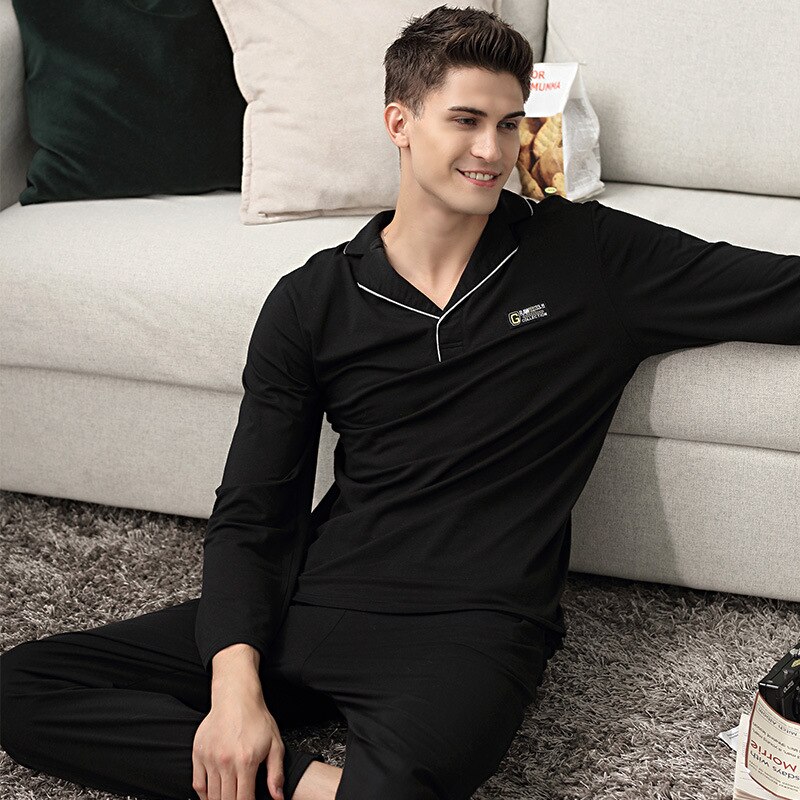 Super doux hommes modal nuit-costume couleur unie revers vêtements de nuit homme armée vert automne pyjama ensemble tout coton bleu confortable homecloth: Black / L