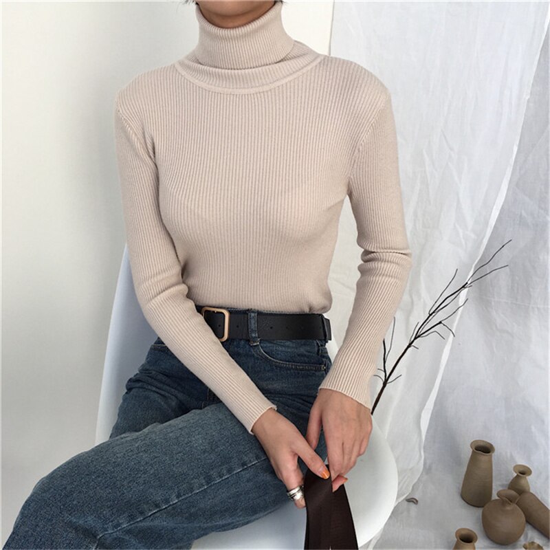 RUGOD Solid Turtleneck Sweater Women Long Sleeve Knitted Slim Pullover Female Autumn Winter Sweater Befree Tops