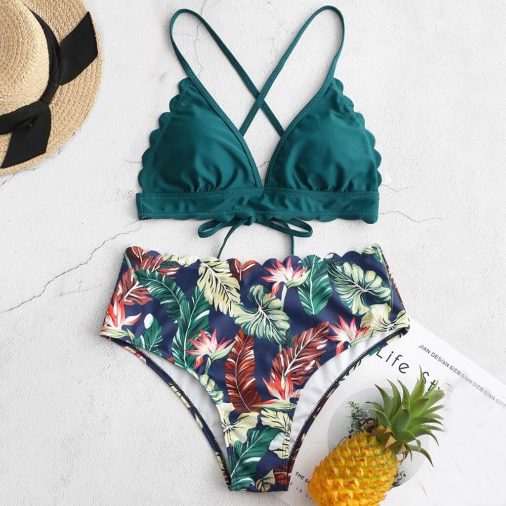 CUPSHE Women Swimsuit Bikini Sets Criss Cross Back Tie Mid Rise Ruched Retro Floral Bathing Suit Swimwear Blue/Floral S