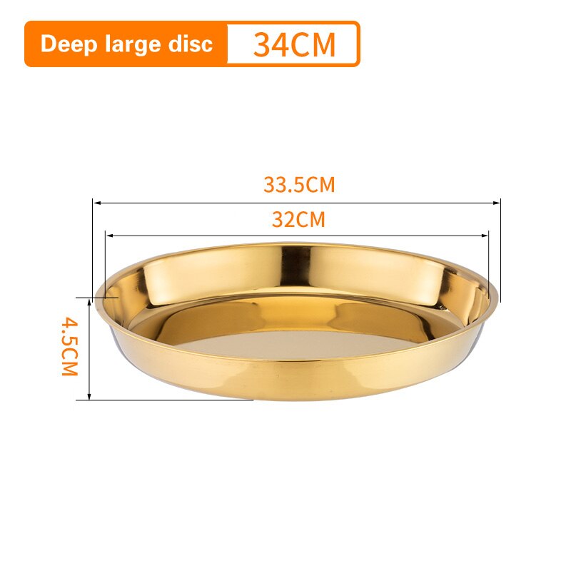 Thickened stainless steel disc metal pallet Large flat bottom deep plate Golden cake plate Restaurant plate plates set: 34