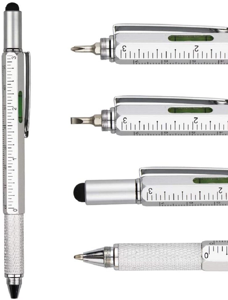 Multi Tool Pen 6 In 1 Metal Tech Pen With Ruler Level Screwdriver Condenser Tip Refillable Bubble Level and Ruler Ballpoint pen: silver