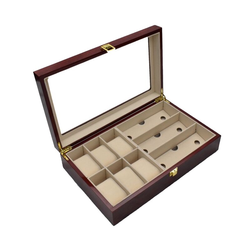 Caja de madera para reloj de lujo con 6 + 3 rejillas, caja para gafas, caja organizadora para joyería, caja de joyería para ver la caja