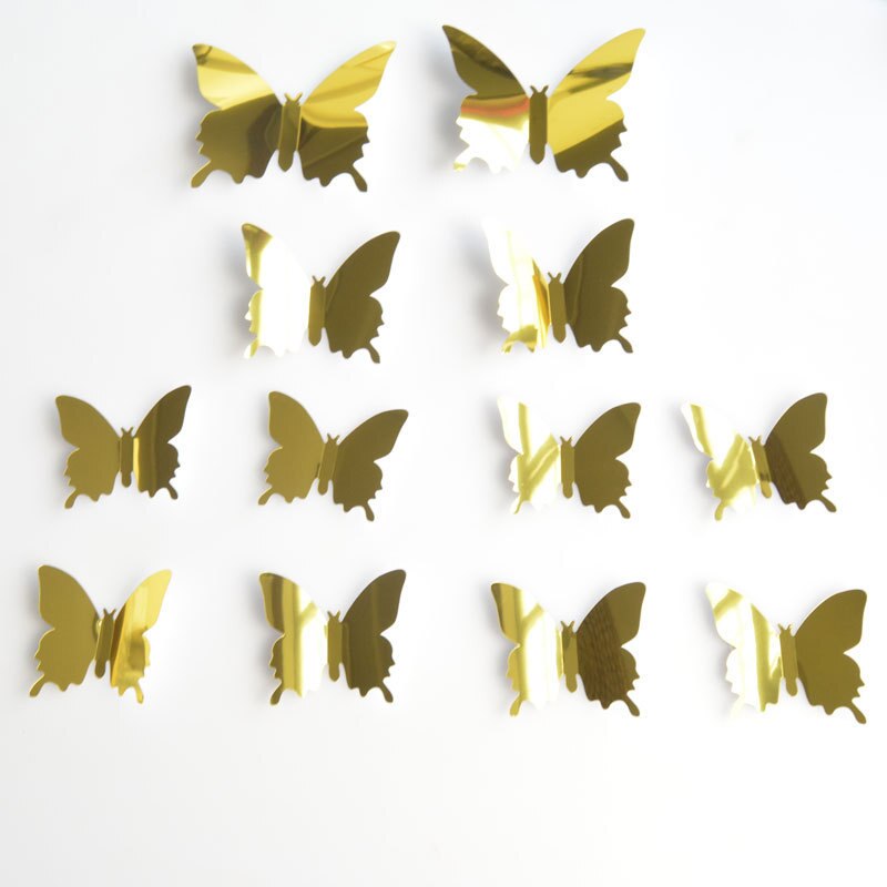 12 stk 3d spejl sommerfugle væg klistermærker soveværelse stue studie boligindretning akryl sommerfugl vægoverføringsbillede diy kunstindretning: Guld