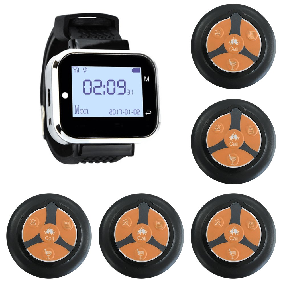 JINGLE BELLS Wireless Waiter Calling System For Restaurant Service Pager System 1 Watch Receiver 5 Call Button Hotel Call Bell