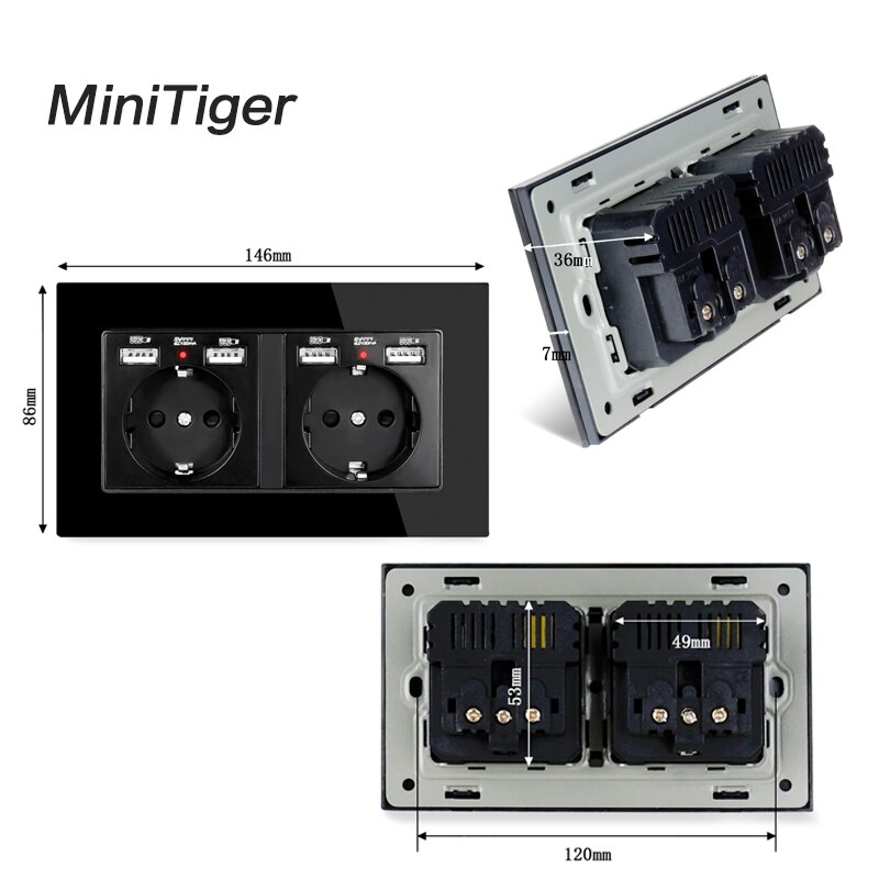 Minitiger 2 jengi venäjä espanja eu standardi pistorasia 4 usb -latausportilla piilotettu pehmeä led -ilmaisin kristallilasipaneeli
