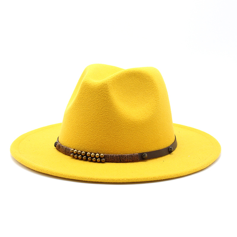 Women Men Wool Vintage Gangster Trilby Felt Fedora Hat Wide Brim Leopard Belt Gentleman Lady Winter Autumn Jazz Cap: yellow