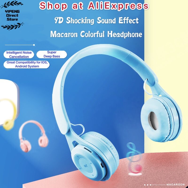 Macaron Wireless Over Ear Headset Bluetooth Headphone HiFi Stereo with Microphone Support TF Card MP3 Player Walkman