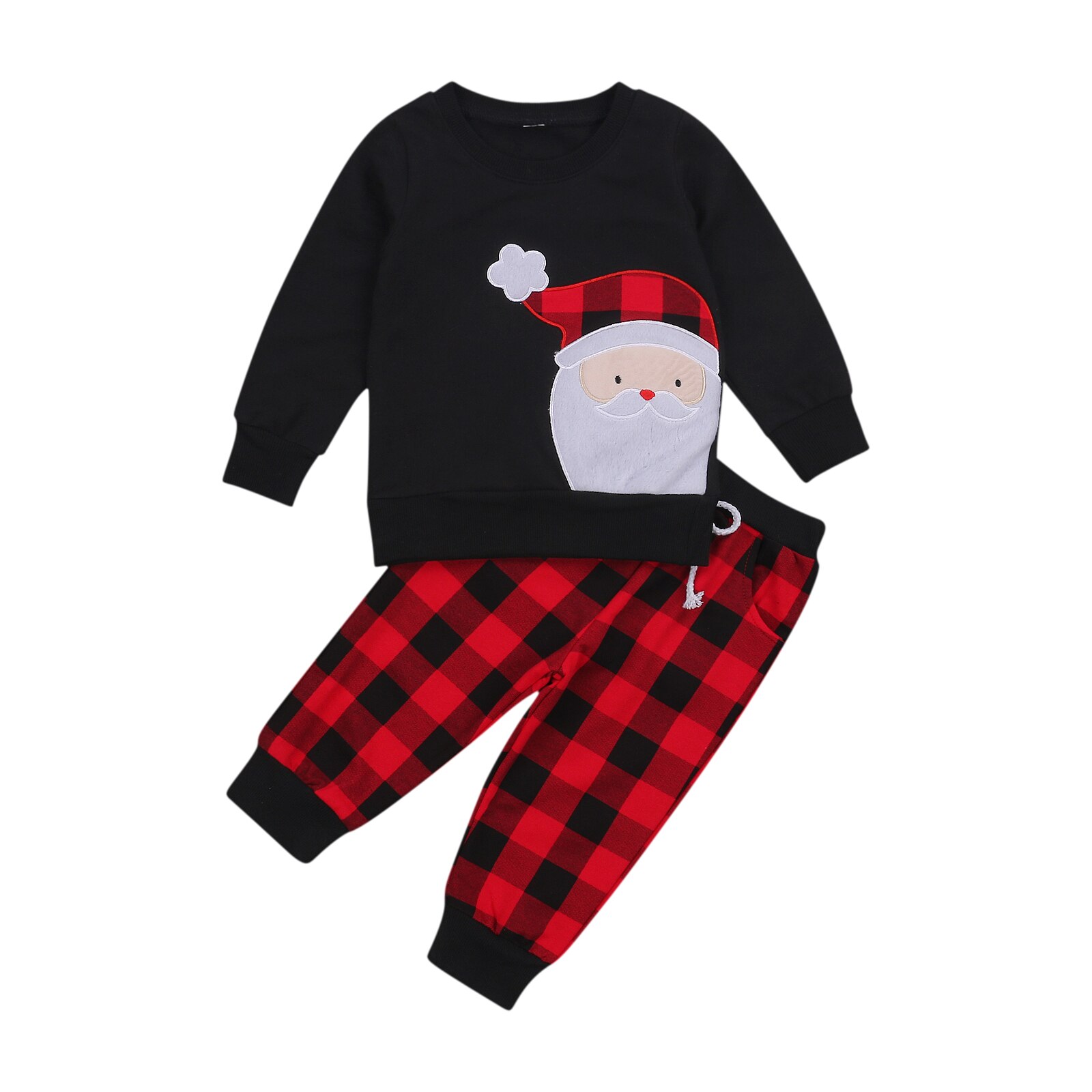 Baby Jongen Lange Mouw Broek Pak Cartoon Kerstman Trui T-shirt En Klassieke Plaid Elastische Lange Broek Homewear: Black / 2T