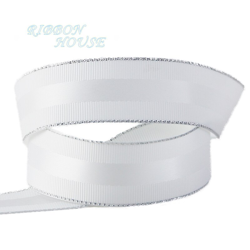 (5 meters/lot) 25mm silver Edged Grosgrain Ribbon an Lace wedding Christmas ribbons: White / 38mm