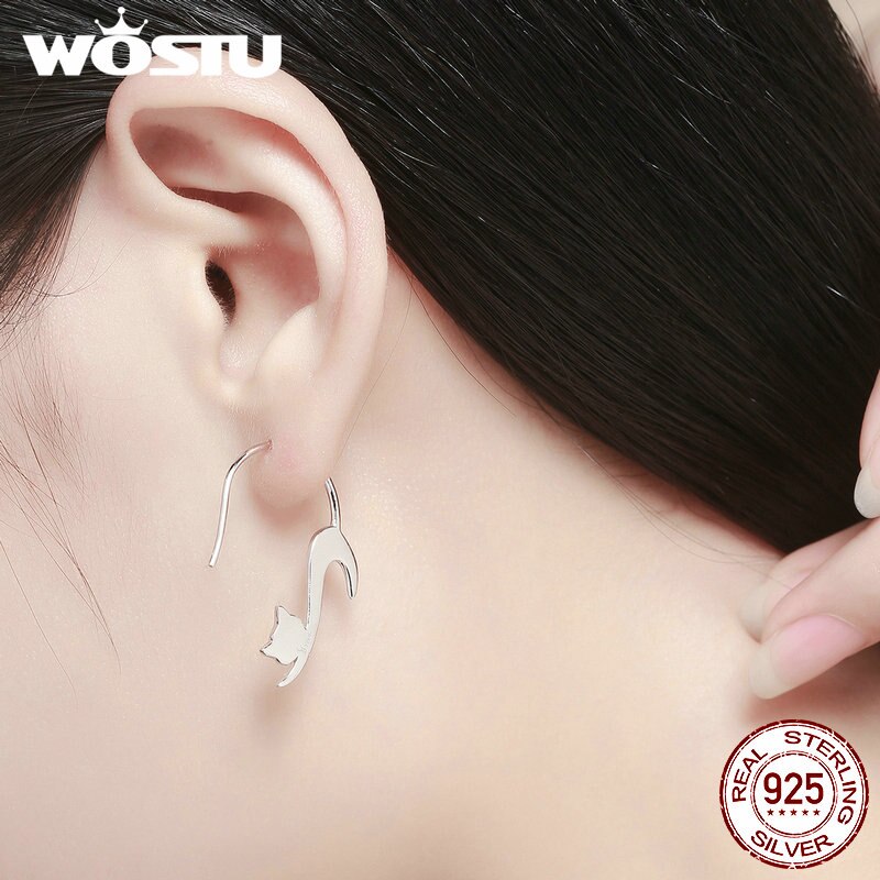 Wostu Pure 925 Sterling Zilver Asymmetrie Dier Loving Leuke Kat Haak Oorbellen Vrouwen Unieke S925 Sieraden Meisje CQE073