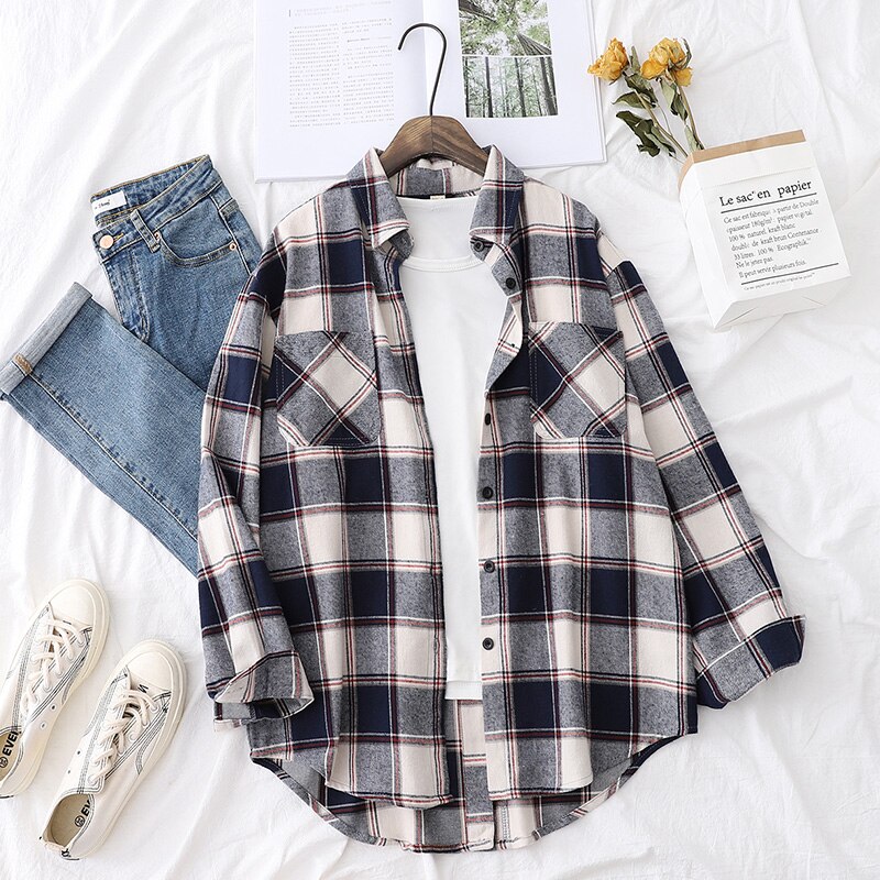 otoño Tops y Blusas para mujer mujeres camisa a cuadros de de estilo suelto blusa Casual de ropa de dama Blusas: Navy / L