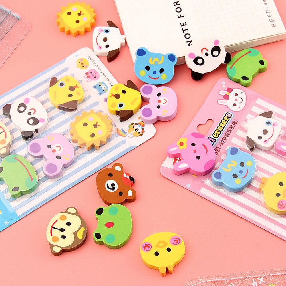 6 Pcs Cute Mini Animal Rubber Pencil Eraser Set Stationery Kids Children Pencil correction Art School /c