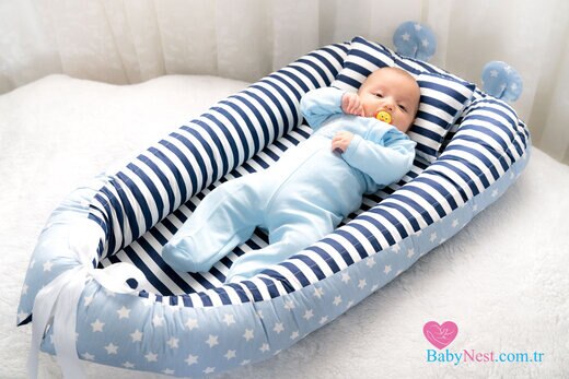 Babynest newborn baby nest bed portable crib travel bed baby nest baby lounge crib bumper pillow cushion: BabyNest - Mavi Yıldız ve Lacivert Çizgili Kulaklı