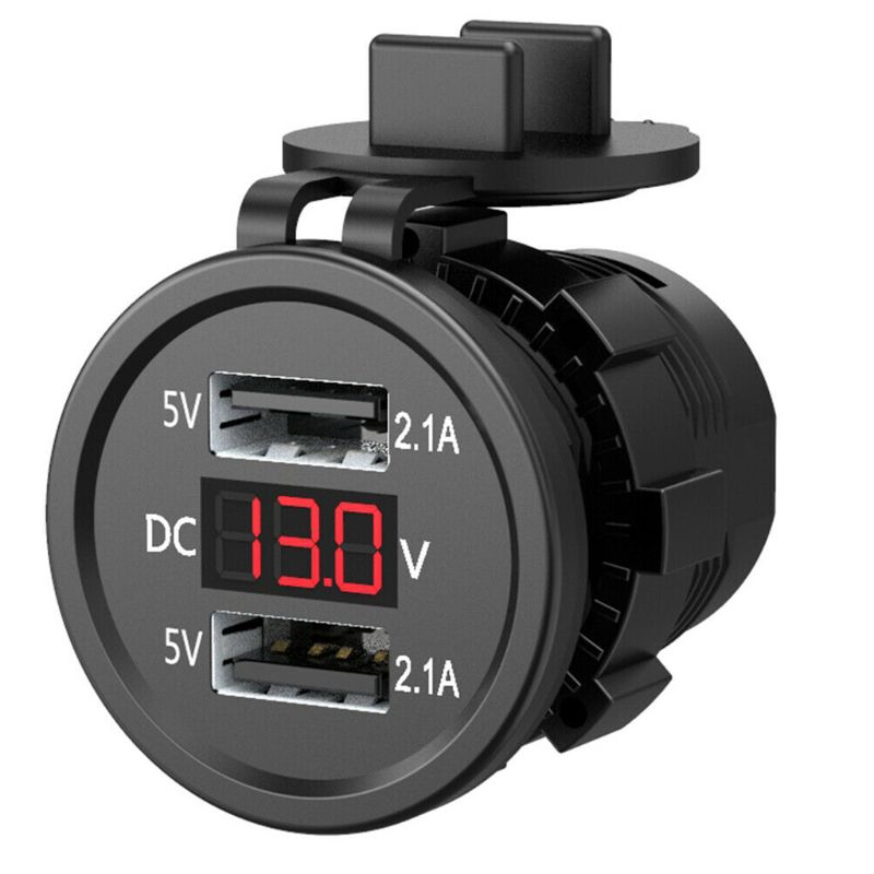 5v wasserdichte usb-ladebuchsen mit zwei anschlüssen und spannungsanzeige/voltmeter für 12-24v autos 2.1a boote und motorräder: Rot