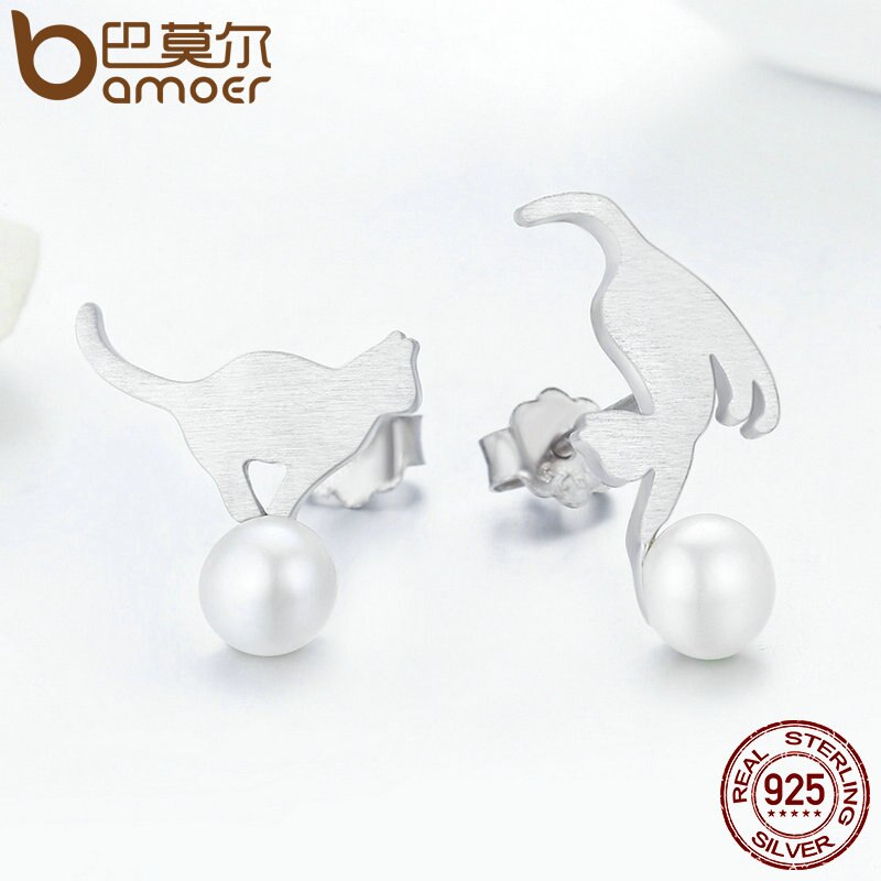 Bamoer 100% 925 sterling sølv fræk kat spille bold øreringe kvinder sterling sølv øreringe smykker sce 235