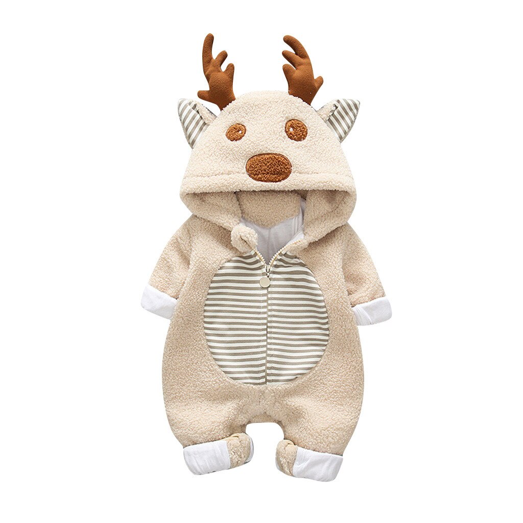 Roupas de natal do bebê recém-nascido menino menina velo dos desenhos animados inverno quente macacão com capuz casaco outwear natal outono roupas: Cáqui / 6 m