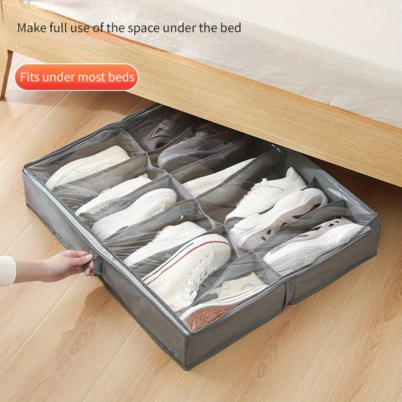 12 compartment shoe storage box, foldable and transparent lid, organizer for storing shoes under the bed