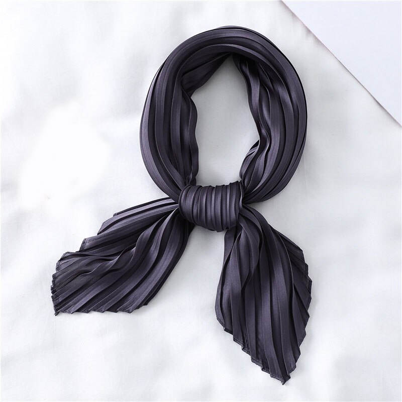 Silk Pleated Scarf Square Scarf For Women Small Scarves Soft Satin Neckerchief Decorative Headscarf Solid Hair Scarf Summer: Dark Grey