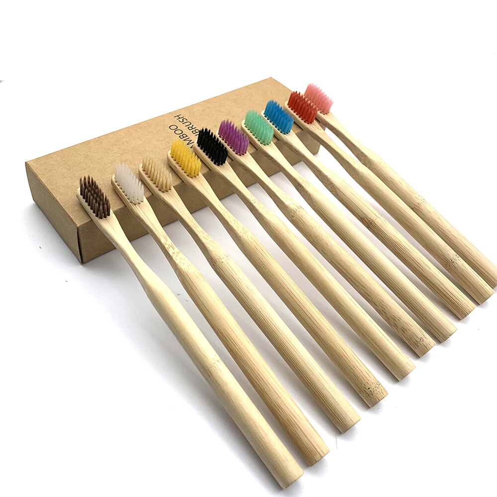 10Pcs Natural Toothbrush Eco-Friendly Rainbow Bamboo Medium Bristle Biodegradable Teeth Brush Solid Bamboo Handle Toothbrush