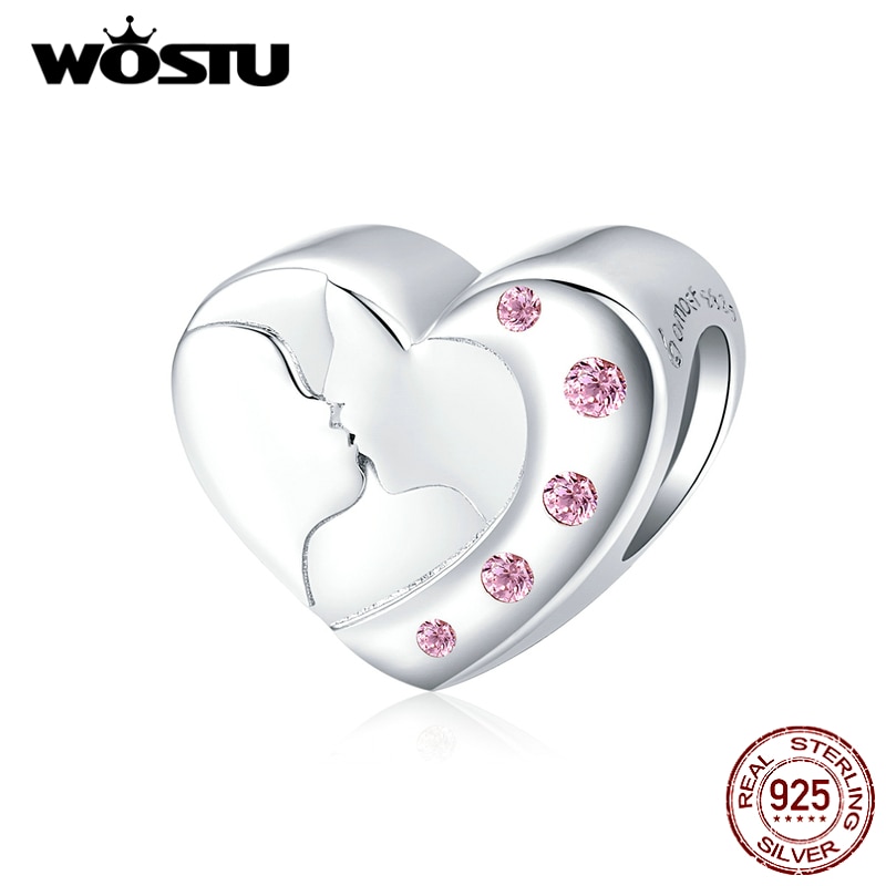 Wastu, dulces encantos de amor besándose en el corazón, Plata de Ley 925, cuentas de circón Rosa aptas para Pulsera Original, joyería de boda, CTC182