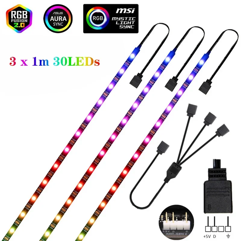 Bande lumineuse LED RGB WS2812B, 5V, 3 broches, adressable, pour ASUS AURA SYNC, MSI Mystic Light Sync, GIGABYTE