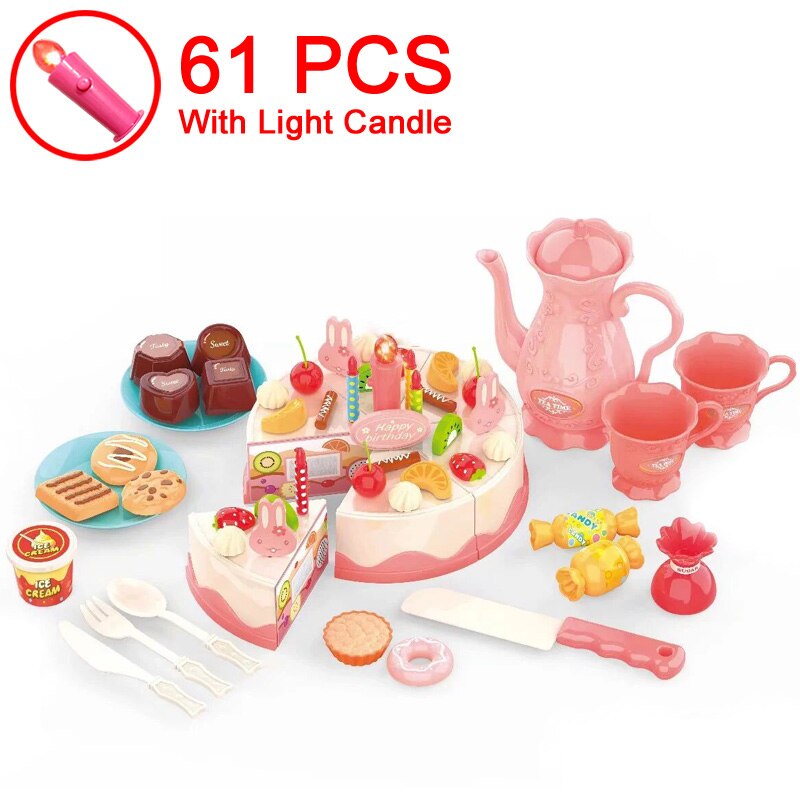 Geburtstag Kuchen Spielzeug DIY 37-83Stck Küche einstellen Lebensmittel Jungen Mädchen vorgeben Spielen Obst Schneiden Für Baby Kind Spielset Pädagogisches Spielzeug: 61Stck hell