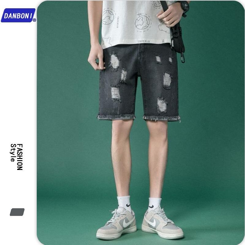 Jean déchiré noir à bords bruts pour homme, pantalon tendance à jambes droites, été, 40