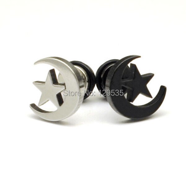 Moon Star White Black titanium steel Punk Men Screw stud earrings No fade