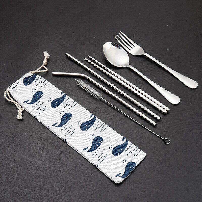 Portable Lunch Tableware Cutlery Set Stainless Steel Spoon Fork Travel Outdoor Knife Tableware Dining Canteen Dinnerware Sets: Green  