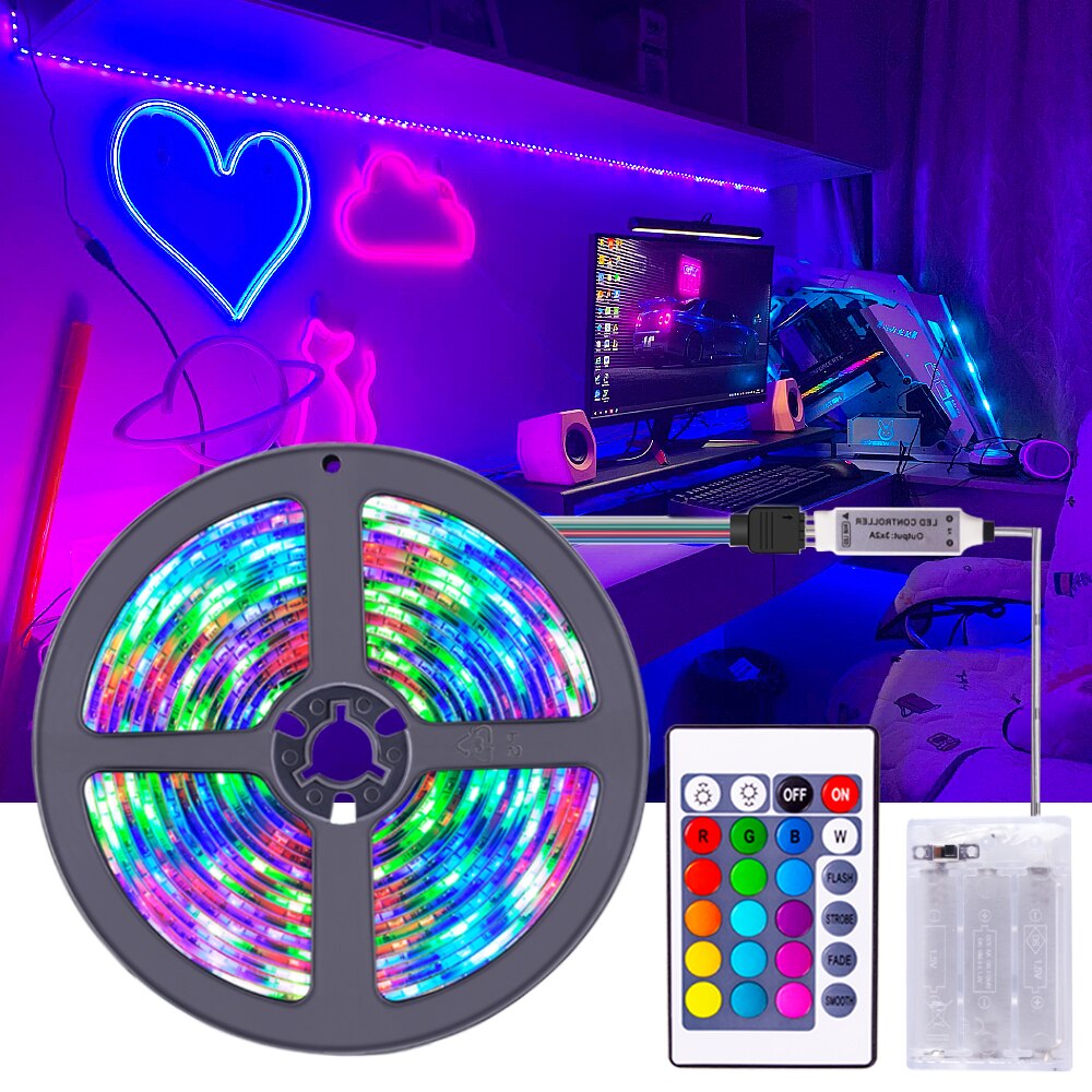 LED RGB Light Strip Flexible AAA Battery TV Desktop Screen Backlight Diode Tape Fairy Garland String Lights with Remote Control