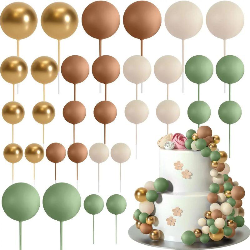 Décoration de gâteau vert sauge marron, 32 pièces, boules en mousse dorée, bricolage, décoration de gâteau pour réception pour bébé, fête d'anniversaire: MULTI