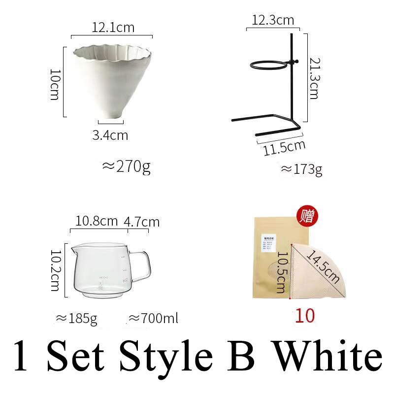 Juego de filtros de café hechos a mano con cafetera de vidrio V60, ollas de café hechas a mano, tetera de café, soporte para gotero: White Style B Set