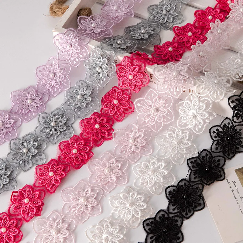 2 Yard Bloem Parel Kant Geborduurd Gebreide Zes Bloembladen Kralen Dubbellaags Trouwkleding Accessoires Diy Handgemaakte